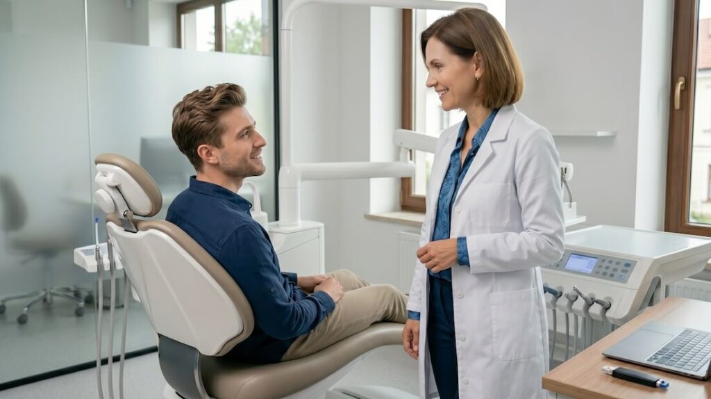 Ortodontka przeprowadza rozmowę z pacjentem w gabinecie stomatologicznym.