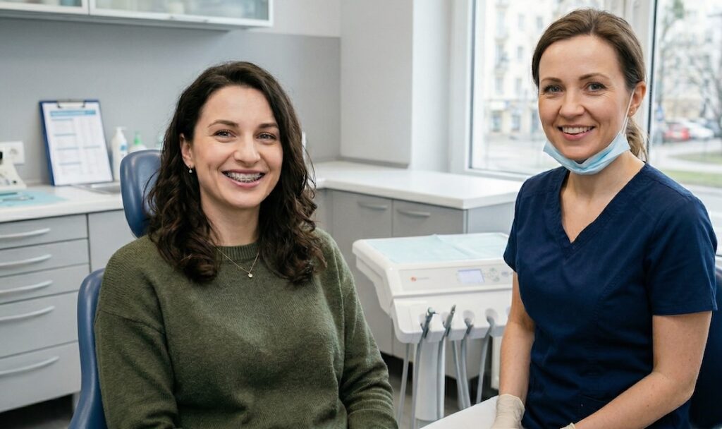 Dziewczyna z aparatem na zębach podczas wizyty u stomatolog.